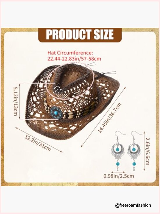 Western Straw Cowboy Hat with Decorative Bands and Earrings Cowgirl Sun Hat for main image 5